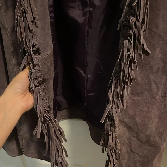 Ladies Beautiful Purple Dialogue Leather Jacket With Fringes Size Large - Picture 5 of 7